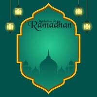 Marhaban ya Ramadhan Gruß Karte Design mit islamisch Rahmen Dekoration, Laternen und Moschee Silhouette im das Mitte vektor