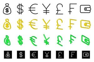 uppsättning pengar symboler. grupp av isometriska, 3D-rendering och platta designelement, valutaikoner i svarta, vita, gröna och gula färger. vektor