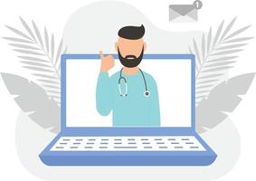 en manlig läkare kolla upp online på laptop. vektor