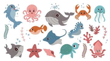 einstellen mit Hand gezeichnet Meer Tiere exotisch Karikatur unter Wasser süß Kreaturen zum Ihre Design Meer Leben isoliert Hintergründe vektor