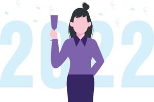Ein Mädchen mit einem Weinglas begrüßt das neue Jahr. vektor