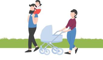 en mamma med barnvagn och pappa bär sin unge på axeln på picknick. vektor