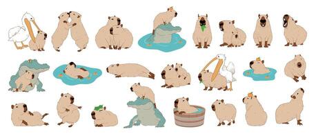 söt tecknad serie capybara samling , karaktär design med platt färger i olika poserar, isolerat på vit bakgrund vektor