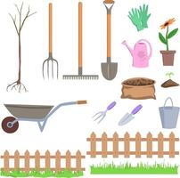 Illustration Garten Werkzeug mit Baum Sämling und frisch Frühling Gras. ein wenig Garten klein Streikposten Zaun gemacht von Holz und ein Tasche mit Dünger zum das Erde. ein Komplett einstellen von Artikel zum das vektor