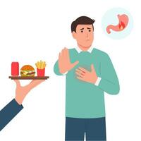 Mann Leiden von Sodbrennen nach schnell Essen.Typ zeigen halt Hand Zeichen zum ungesund, fett, viele Kalorien Mahlzeiten. Diät und gesund Lebensstil. vektor