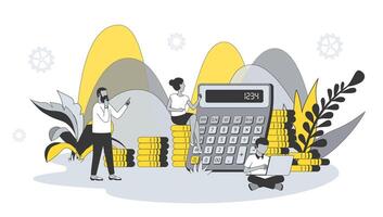 företag statistisk begrepp i platt design med människor. man och kvinna beräknande och analysera finansiell data, bokföring och förtjänst pengar. illustration med karaktär scen för webb baner vektor