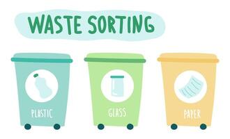 Abfall Sortierung Zitat im eben Design. Plastik, Glas und Papier Recycling Mülleimer. Illustration isoliert. vektor