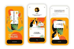 uppkopplad betalning begrepp onboarding skärmar. beställning varor på Lagra sida, digital faktura och betalande i app. ui, ux, gui användare gränssnitt utrustning med platt människor scen. illustration för webb design vektor