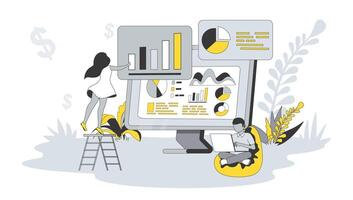 ekonomisk begrepp i platt design med människor. kvinna och man analyserar finansiell diagram och grafer, planera budget och förvaltar pengar besparingar. illustration med karaktär scen för webb baner vektor