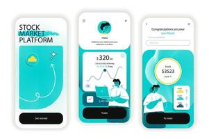 Lager Markt Konzept Onboarding Bildschirme. Analyse von finanziell Daten und Handel auf Lager Austausch im App. ui, ux, gui Benutzer Schnittstelle Kit mit eben Menschen Szene. Illustration zum Netz Design vektor