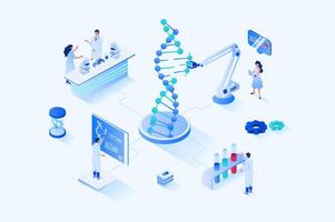 medicinsk laboratorium 3d isometrisk webb design. människor vetenskapsmän utforska molekyl strukturera av dna på modern laboratorium Utrustning, forskare do tester och kemisk experiment. webb illustration vektor