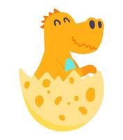 söt dinosaurie barn sitter i ägg i platt design. Lycklig orange dino bebis. illustration isolerat. vektor