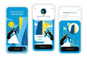 echt Nachlass Konzept Onboarding Bildschirme. Suche zum Gehäuse im Anwendung, Kaufen oder Miete Wohnung oder Haus. ui, ux, gui Benutzer Schnittstelle Kit mit eben Menschen Szene. Illustration zum Netz Design vektor