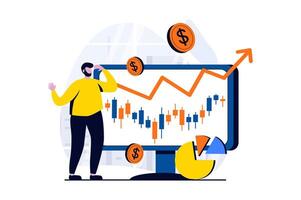 stock marknadsföra begrepp med människor scen i platt tecknad serie design. man gör pengar på utbyta med framgångsrik strategi, analyser data och ökar vinst. illustration visuell berättelse för webb vektor