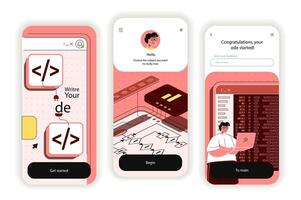 programmering programvara begrepp onboarding skärmar. program utveckling, kodning, teknik och optimering. ui, ux, gui användare gränssnitt utrustning med platt människor scen. illustration för webb design vektor