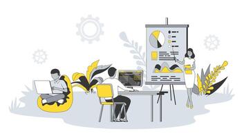 Coworking Büro Konzept im eben Design mit Personen. Mann und Frau Arbeit auf Laptops oder Computers, diskutieren und Brainstorming im öffnen Raum. Illustration mit Charakter Szene zum Netz Banner vektor