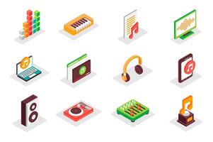 musik begrepp 3d isometrisk ikoner uppsättning. packa isometri element av utjämnare, piano, låt, volym, audio, , hörlurar, musikalisk högtalare, mixer och Övrig. illustration för modern webb design vektor