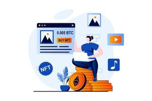 nft tecken begrepp med människor scen i platt tecknad serie design. kvinna investerar kryptovaluta i digital konst förbi uppköp virtuell målningar på nft marknadsplatser. illustration visuell berättelse för webb vektor