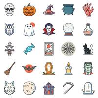 halloween och attribut ikoner uppsättning, inkluderad ikoner som pumpa, häxa, vampyr, skelett och Mer symboler samling, logotyp isolerat illustration vektor