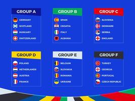 Allt flaggor av europeisk fotboll turnering 2024 deltagarna sorterad förbi grupp på blå bakgrund. vektor
