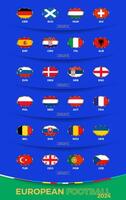 grupp skede av europeisk fotboll turnering 2024, nationell flaggor av fotboll lag sorterad förbi grupp. vektor