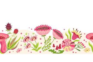 stuga sömlös gräns med skal och vild blommor. fe- rosa blomma äng illustration i tecknad serie stil. härlig hand dragen horisontell blommig magi mönster overkligt årgång design 60s 70s vektor