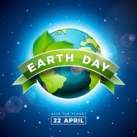 Earth Day illustration med Planet och Green Leaf. Världskarta bakgrunden den 22 april miljö koncept.