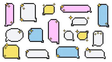 uppsättning av pixel konst färgrik Tal bubblor. dialog låda med stjärnor i 8 bit stil. modern årgång illustration. text lådor för chatt och spel. olika prata ballong former i retro 90 s stil vektor