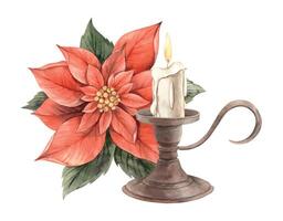 Weihnachtsstern und Kerze im ein Kupfer Leuchter. Aquarell Illustration im Jahrgang Stil auf isoliert Hintergrund. Blumen- und Pflanze Trend. Zeichnung zum Einladungen, Banner, Verpackung Papier, Hintergrund. vektor