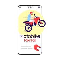 Motorrad-Verleih-Cartoon-Smartphone-Vektor-App-Bildschirm. Nahverkehr. extremes Reiten. Indonesien tourismus. Handy-Display mit flachem Charakter-Design-Mockup. Anwendung Telefon süße Schnittstelle vektor