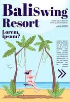 Bali Swing Resort Magazin-Cover-Vorlage. Frau am Strand. Strand. Indonesien tourismus. Journal-Mockup-Design. Vektorseitenlayout mit flachem Charakter. Werbung Cartoon Illustration mit Textraum vektor