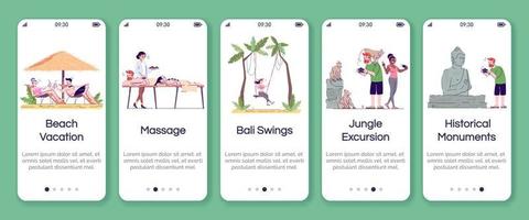 indonesien turism onboarding mobil app skärm vektor mall. sightseeing och avkoppling. genomgång av webbplatssteg med platta tecken. ux, ui, gui smartphone tecknade gränssnittskoncept