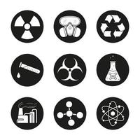 Symbole für die chemische Industrie festgelegt. Gasmaske, Recyclingsymbol, chemisches Reagenzglas, Giftgefahr, Fabrikverschmutzung. Biohazard-, Strahlungs- und Molekülsymbole. weiße Vektorgrafiken in schwarzen Kreisen vektor