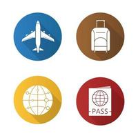 Reisen Sie flaches Design lange Schatten Icons Set. Flugzeug, Koffer, Reisepass und weltweite Vektorsymbole vektor