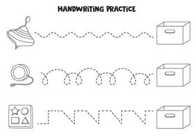 Rückverfolgung Linien zum Kinder mit Kinder Spielzeuge und Kasten. schwarz und Weiß Arbeitsblatt. vektor