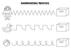spårande rader för barn med barn leksaker och låda. svart och vit arbetsblad. vektor
