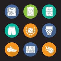 basket platt design lång skugga ikoner set. skjorta, shorts och sko, spelplan, fält, båge, brinnande boll, resultattavla. basketmästerskapssymbol och spelarens kit. vektor siluett symboler