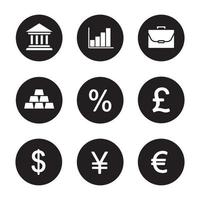 Bank- und Finanzikonen eingestellt. Bankgebäude, Wachstumsdiagramm, Aktentasche, Goldbarren, Prozentsatz, Gbp, US-Dollar, Yen und Euro-Währungssymbole. Vektorgrafiken von weißen Silhouetten in schwarzen Kreisen vektor