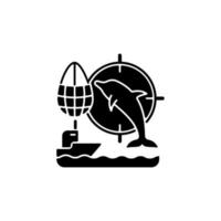 Delphin-Antrieb, der schwarzes Glyphensymbol jagt. Delfine mit dem Boot ans Ufer treiben und töten. Fischfangmethode. Handel mit Meeressäugern an das Delfinarium. Silhouette-Symbol auf Leerzeichen. isolierte Vektorgrafik vektor