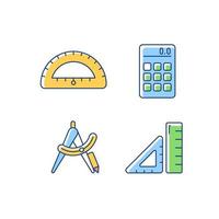 arkitektur student verktyg rgb färg ikoner set. utarbetande leveranser. kalkylator. kompassverktyg. regel, gradskiva för geometriklass. isolerade vektorillustrationer. enkla fyllda linjeritningar samling vektor