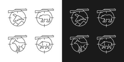 Lineare Symbole für die Groß- und Kleinwildjagd, die für den dunklen und hellen Modus festgelegt sind. Jagdwaffe zum Töten von Wildschweinen und Hirschen. anpassbare dünne Liniensymbole. isolierte Vektorgrafiken. bearbeitbarer Strich vektor