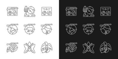 vilda djur som jagar linjära ikoner för mörkt och ljust läge. stor och liten viltjakt. fånga byten. anpassningsbara tunna linjer symboler. isolerade vektor kontur illustrationer. redigerbar linje