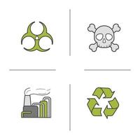 industriella föroreningar färg ikoner set. biologiska faror och återvinningssymboler, fabrikens luftföroreningar och skalle med korsade ben. vektor isolerade illustrationer
