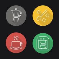 kaffe platt linjär lång skugga ikoner set. klassisk kaffebryggare, espressomaskin, ångande kopp på tallrik, sked med raffinerade sockerbitar. vektor linje symboler
