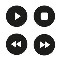 Musik-Player-Navigationssymbole gesetzt. Play-, Stop-, Vorwärts-, Rückwärts-Tasten. weiße Vektorgrafiken in schwarzen Kreisen vektor