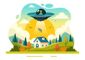 UFO fliegend Raumschiff Illustration mit Strahlen von Licht im Himmel Nacht Stadt Sicht, entführt Mensch und Außerirdischer im eben Kinder Karikatur Hintergrund Design vektor
