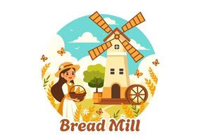 bröd kvarn illustration med vete säckar, olika bröd och väderkvarn för produkt bageri i platt tecknad serie bakgrund design vektor
