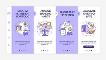 ekonomiska besparingar onboarding vektor mall. responsiv mobilwebbplats med ikoner. webbsida genomgång skärmar med 4 steg. inkomst- och kostnadsanalys färgkoncept med linjära illustrationer