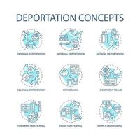 Abschiebung Konzept blaue Symbole gesetzt. Gründe für die offizielle Entfernung aus dem Land. abgelaufenes Visum. einwanderungsidee dünne linie farbillustrationen. Vektor isolierte Umrisszeichnungen. bearbeitbarer Strich