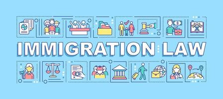 Einwanderungsgesetz Wortkonzepte Banner. Menschenrechte für die Staatsbürgerschaft. Infografiken mit linearen Symbolen auf türkisfarbenem Hintergrund. isolierte kreative Typografie. Vektor-Umriss-Farbillustration mit Text vektor